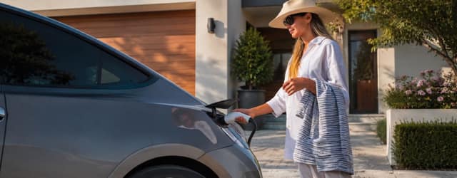 Une cliente recharge sa voiture électrique devant sa maison, borne posée